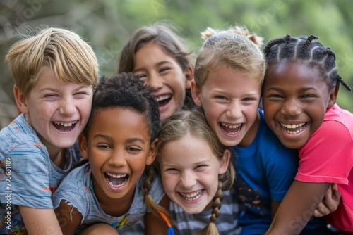 Group of children smiling and having fun in the park on a sunny day © Iigo