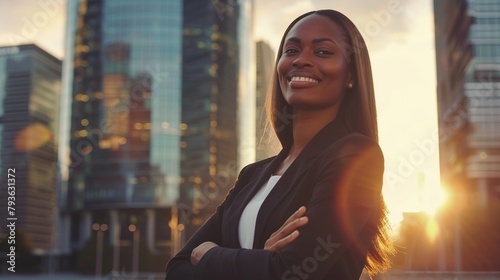 Successful Black Businesswoman Standing in Modern Big City Skyscraper - Wealthy Rich Woman
