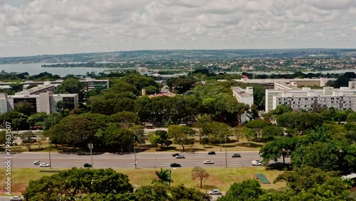 Asa Sul Traffic with Superquadras and Lake Background, Brasília, Brazil, Aerial View photo
