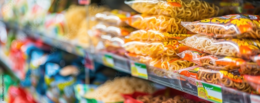 Assorted instant noodles on a supermarket shelf.