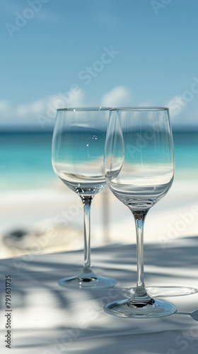 Empty wine glasses on a table in a resort in the Dominican Republic on a white background