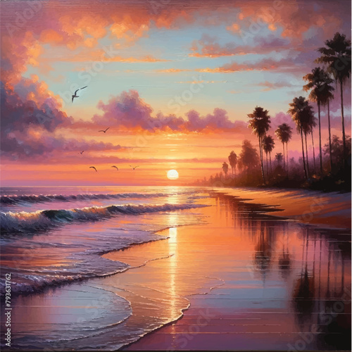 Tranquil Beach at Sunset with Palm Trees and Seagulls , Relaxing Paradise