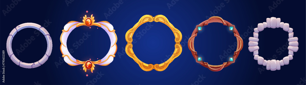 Obraz premium Game avatar frame. Fantasy ui rank border badge icon. Gold round level achievement ring set. Stone and metal interface asset for rpg character award. Empty golden and white reward graphic cartoon