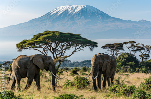 Two elephants walk through the savannah with Mount Kilimanjaro in the background, creating an amazing view of these majestic animals against the backdrop of the iconic mountain © Kien