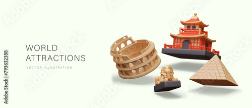 World attractions in 3D style. Creative commercial banner with floating elements