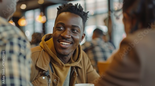 A dark-skinned young man is sitting and drinking coffee. photo