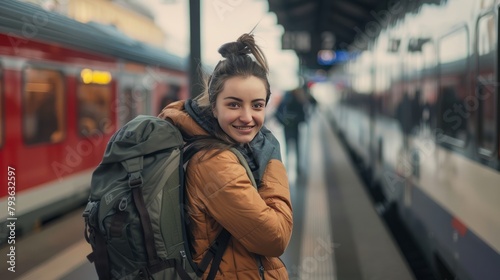 Front view of young woman standing, smiling, looking at camera, holding backpack, walking between trains on train station