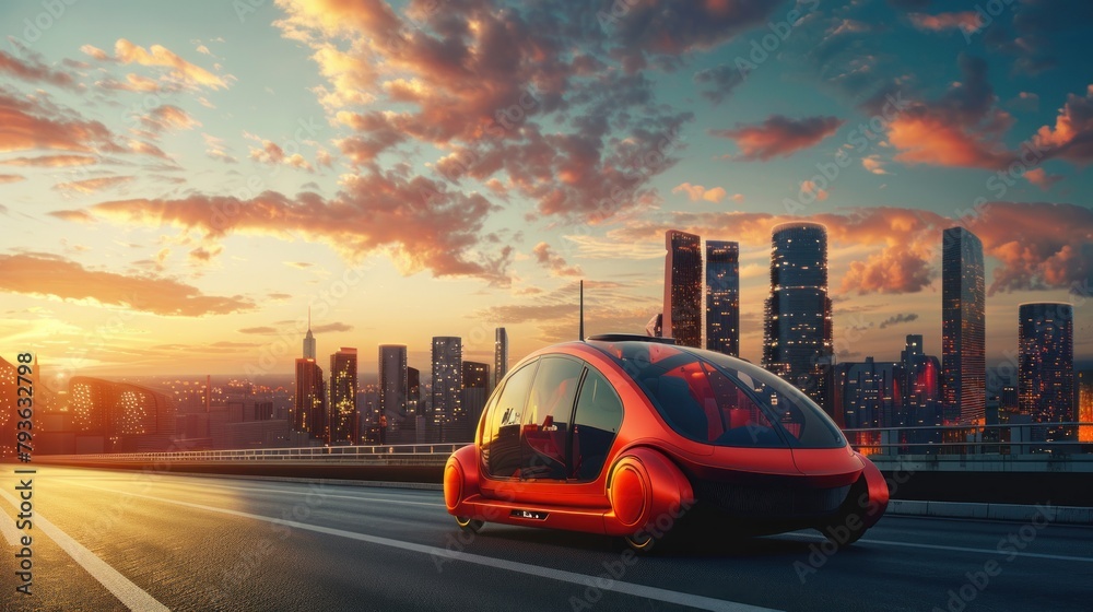 Futuristic red taxi parked on the road in the center of a big city, beautiful sky.