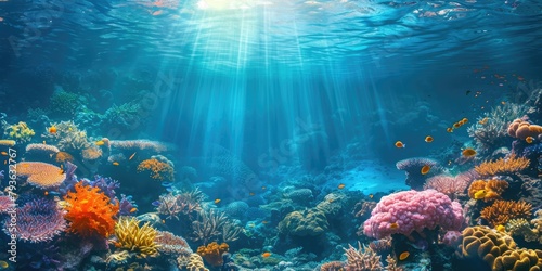 An underwater coral reef scene, diverse marine life, vivid colors, showcasing the beauty and diversity of ocean life. Underwater photography, coral reef ecosystem, diverse marine life,. Resplendent.