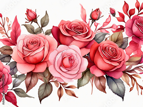 Watercolor pink and red roses flowers and leaves seamless border illustration