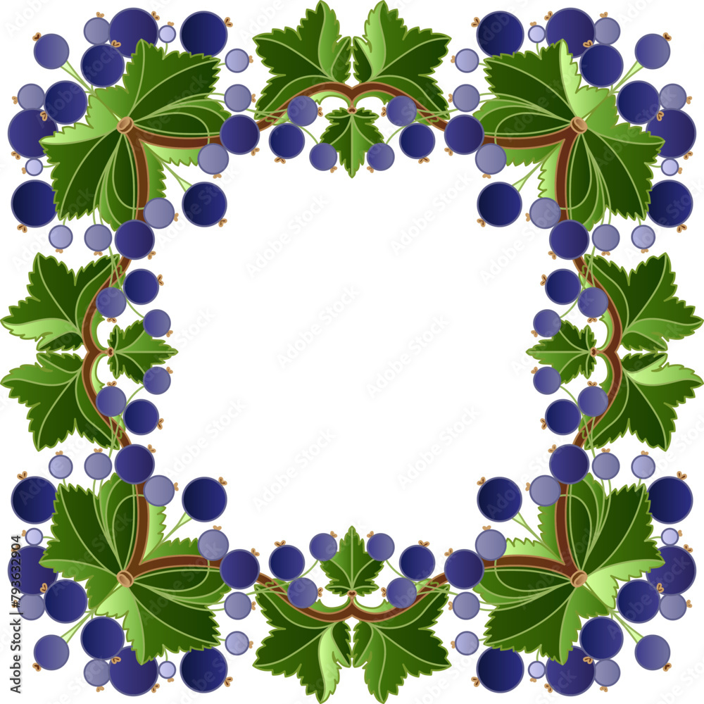 Wreath Frame of Black Currant Leaves and Berries. Folklore Motifs Concept. Hand-Drawn Vector Illustration, Not AI Wreath Frame of Black Currant Leaves and Berries. Folklore Motifs Concept. Hand-Drawn Vector Illustration, Not AI