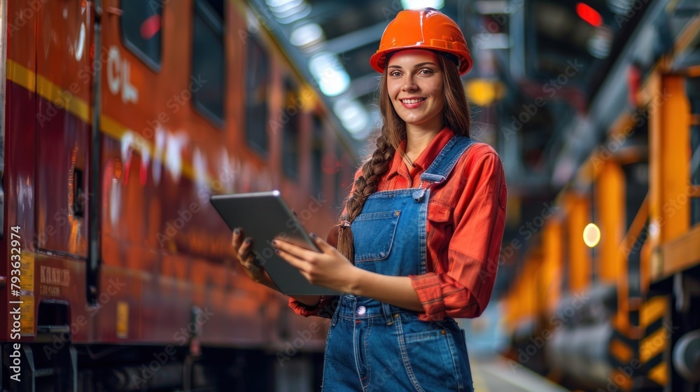 Happy young female engineer in overalls with digital tablet standing next to train in train depot and smiling at camera
