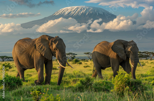 Two elephants walk through the savannah with Mount Kilimanjaro in the background, creating an amazing view of these majestic animals against the backdrop of the iconic mountain © Kien