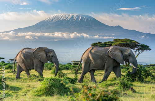 Two elephants walk through the savannah with Mount Kilimanjaro in the background, creating an amazing view of these majestic animals against the backdrop of the iconic mountain © Kien