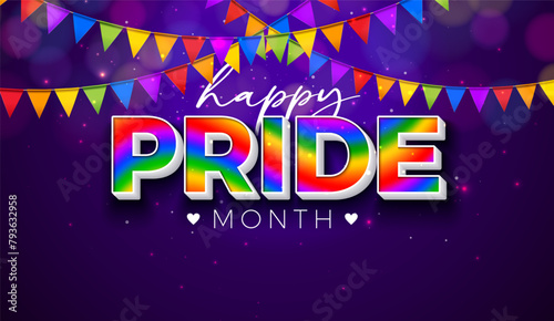 LGBTQ Pride Month Illustration with Rainbow Color 3d Text Label and Colorful Party Flag on Purple Background. Love is Love Human Rights or Diversity Concept. Vector LGBT Event Banner Design for