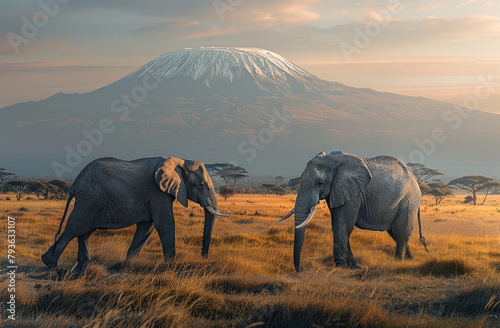 Two elephants walk through the savannah with Mount Kilimanjaro in the background, creating an amazing view of these majestic animals against the backdrop of the iconic mountain