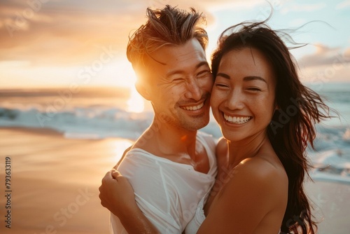 A happy couple embracing and smiling on a sandy beach at sunset