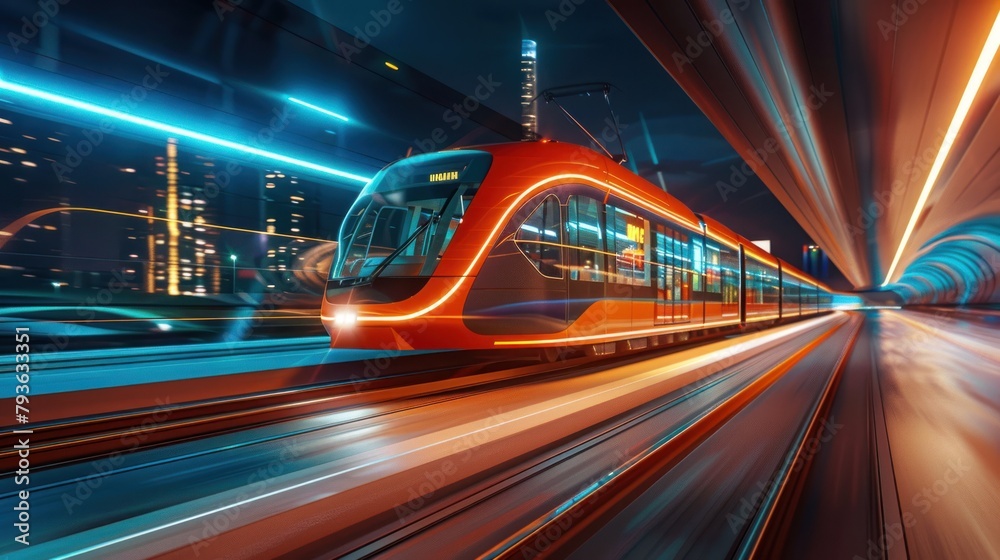 Fototapeta premium orange futuristic train running high
