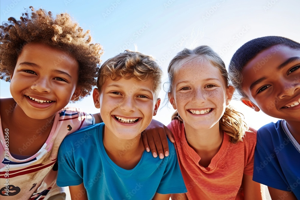 Portrait of a group of smiling children standing together on the beach Portrait of a group of smiling children standing together on the beach