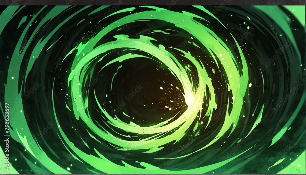 Fototapeta premium abstract green spiral flame burning sparks effects anime cartoon style background from Generative AI