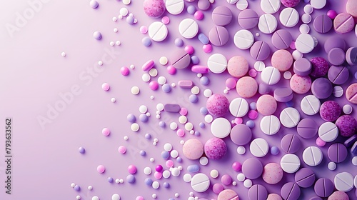 a scattering of pills on a gradient lilac background, bringing forth feelings of tranquility and peace. Full ultra HD, high resolution. photo
