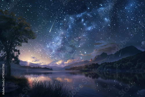 Generative ai on theme of beautiful starfall in sky  bright meteorites glow in atmosphere