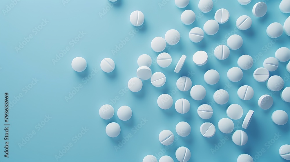 a scattering of pills on a serene gradient blue background, creating a sense of calm and tranquility. Full ultra HD, high resolution.