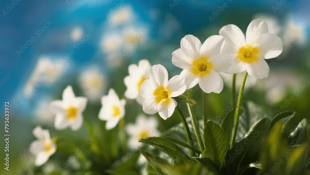 Spring forest white flowers primroses on a beautiful blue background macro. Blurred gentle sky-blue background. Spring forest white flowers primroses on a beautiful blue background macro. Blurred gentle sky-blue background.
