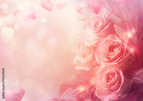 pink background with pink roses and feathers