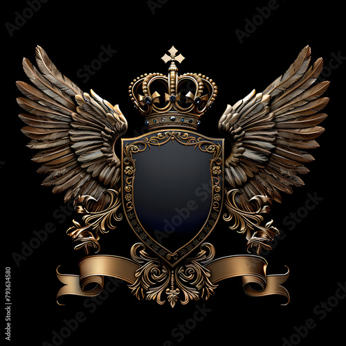 Royal emblem consisting of crown shield ribbon and angel wings