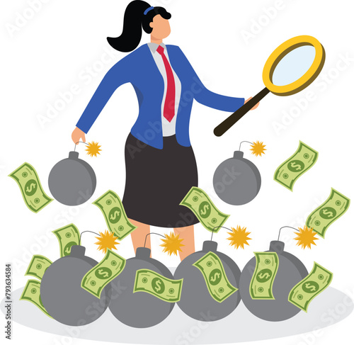 Businesswoman holding magnifying glass standing between banknotes and bombs to analyze and observe, analyze financial risk and crisis, avoid risk to find money, financial investment risk analysis
