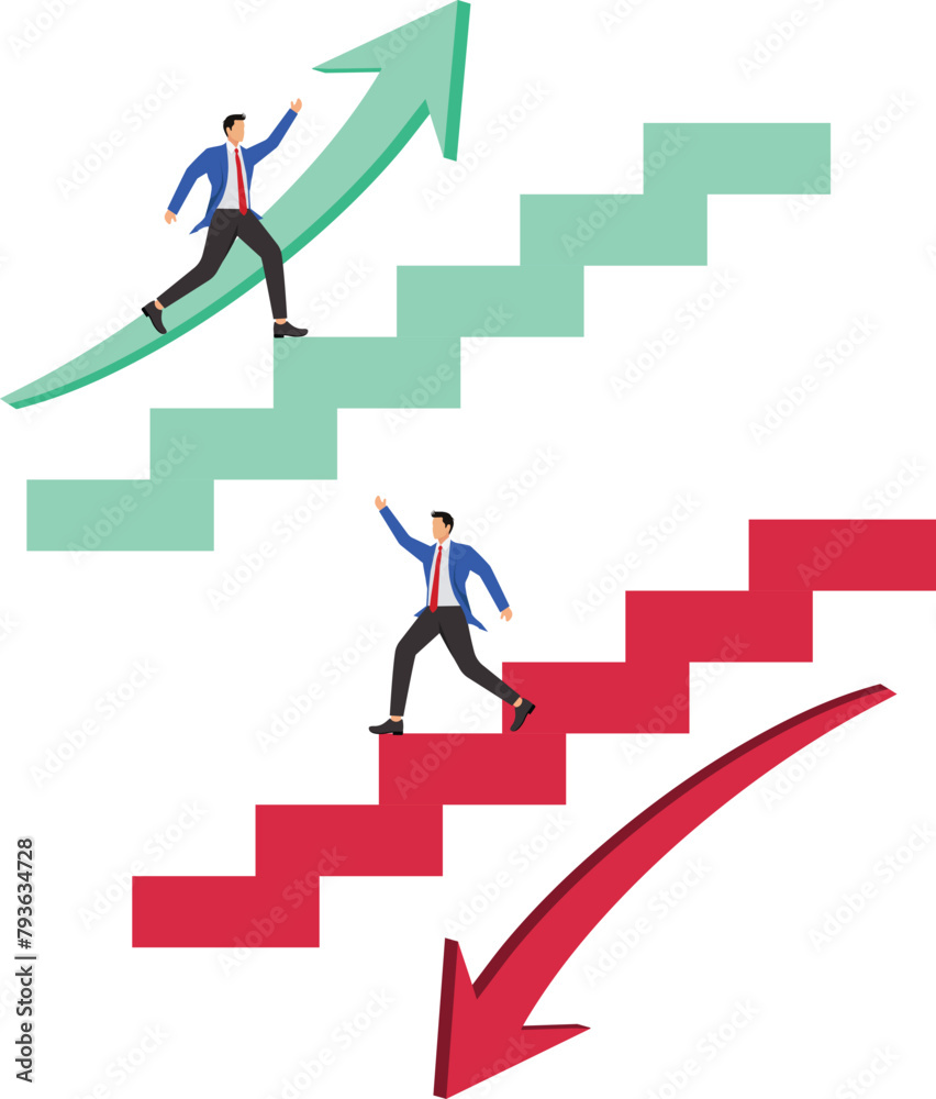 Different choices and developments, one businessman chooses up arrow stair to go forward, another businessman chooses down arrow stair to go forward, up and down Different choices and developments, one businessman chooses up arrow stair to go forward, another businessman chooses down arrow stair to go forward, up and down
