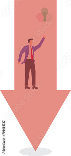 Reversing the situation fleeing crisis changing direction, businessman pulling balloon and flying upwards from the bottom of falling arrow, business concept illustration