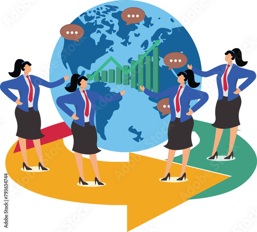 The concept of communication and cooperation in global business finance and economic development, a group of businesswomen stand on arrows around the earth