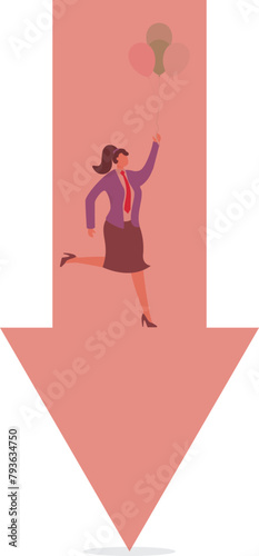 Reversing the situation fleeing crisis changing direction, businesswoman pulling balloon and flying upwards from the bottom of falling arrow, business concept illustration