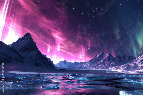 Generative ai on theme of beautiful northern lights, bright aurora borealis winter in atmosphere