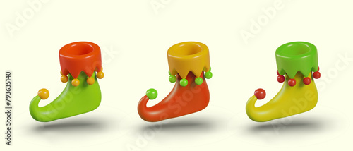 Set of elf boots of different colors. Vector illustration in cartoon style