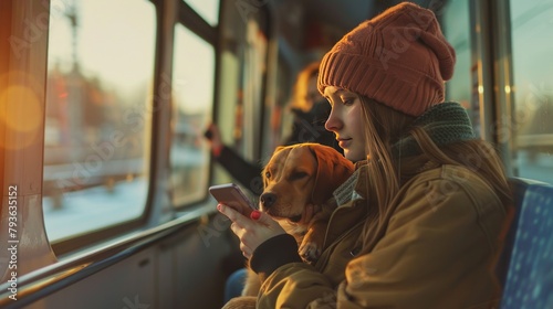 Young female passenger using mobile phone while commuting with dog in train