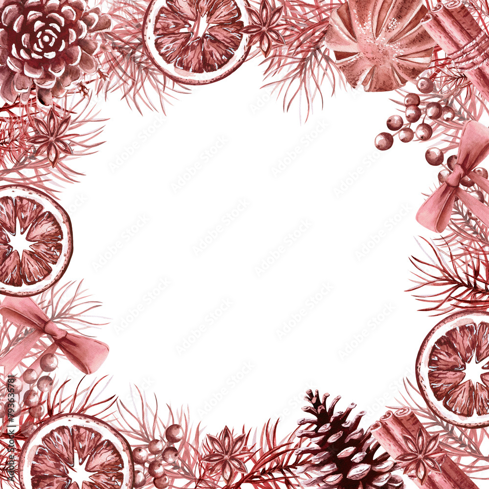 Square frame of pine branches, oranges, pine cones for Christmas watercolor illustration in vintage style on white background. Hand drawn illustration for Christmas cards, wreaths. Square frame of pine branches, oranges, pine cones for Christmas watercolor illustration in vintage style on white background. Hand drawn illustration for Christmas cards, wreaths.