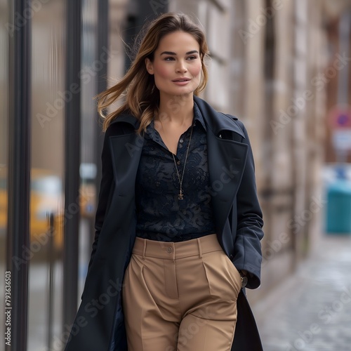 Brunette woman wearing Khaki pleated pants, black shirt and black coat, walking casually on street © Rando