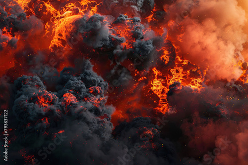 Generative ai on theme of erupting volcano with cascading hot lava surrounded thick white smoke © oleg525