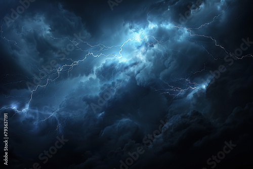 Generative ai on theme of scary bright electric lightning bolt with branches in the night dark sky