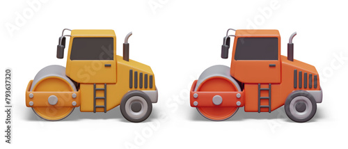 Set of road rollers of different colors. Yellow and orange steamroller, side view