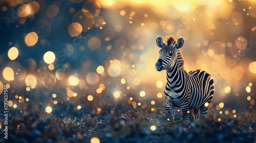 A zebra is standing in a field of light and dark spots. The zebra is the main focus of the image  and the light and dark spots create a sense of depth and movement