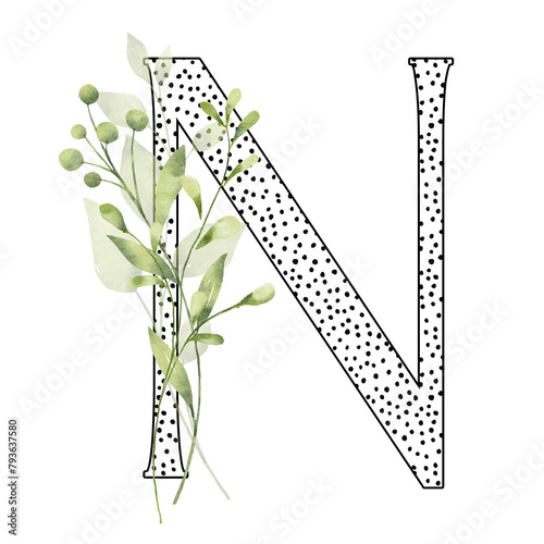 Letter N, floral monogram with watercolor leaf. Letterhead, initial perfectly for wedding invitation, greeting card, logo, poster and other design. Holiday design hand painting.