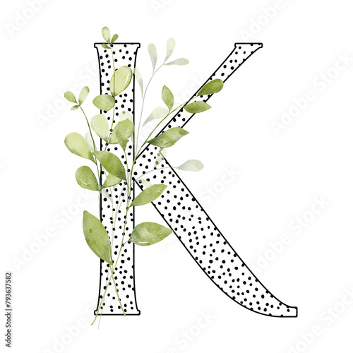 Letter K, floral monogram with watercolor leaf. Letterhead, initial perfectly for wedding invitation, greeting card, logo, poster and other design. Holiday design hand painting.
