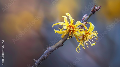 Early blooming yellow flowers of Hamamelis intermedia Winter Beauty photo