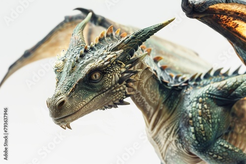 A dragon with a green head and brown wings. The dragon is looking at the camera