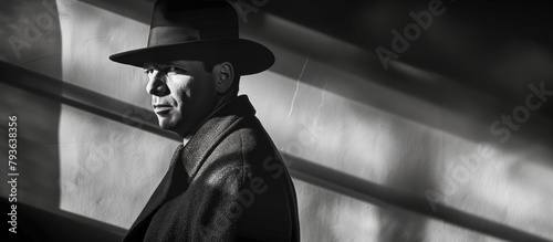 Enigmatic Middle-Aged Man in a Vintage Noir Themed image with Sharp contrast of Light and Shadows photo