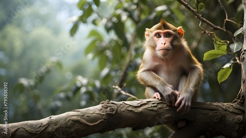 japanese macaque sitting on a tree, A mischievous monkey perched on a twisted tree branch, its curious eyes scanning the surrounding jungle as it plans its next adventure photo
